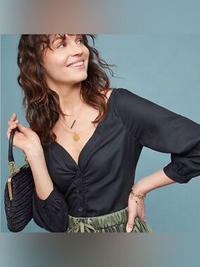 Anthropologie | Maeve Top Womens Size 10 Black Button Down